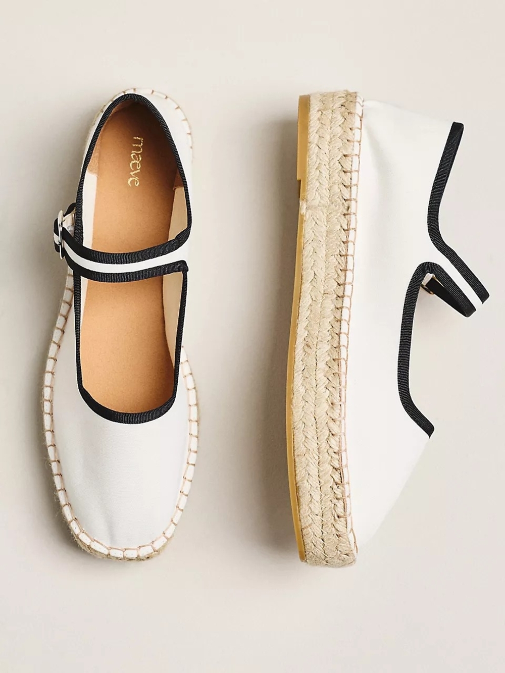 Maeve Cream Espadrille Mary Jane Flats with Black Trim